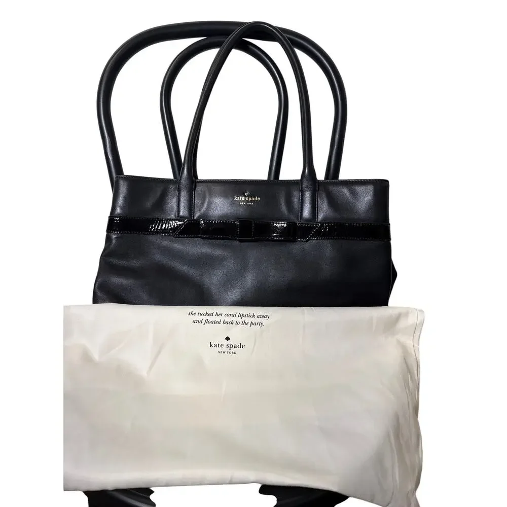 Kate Spade Black Soft Leather With Patent Leather Bow Shoulder Bag 16